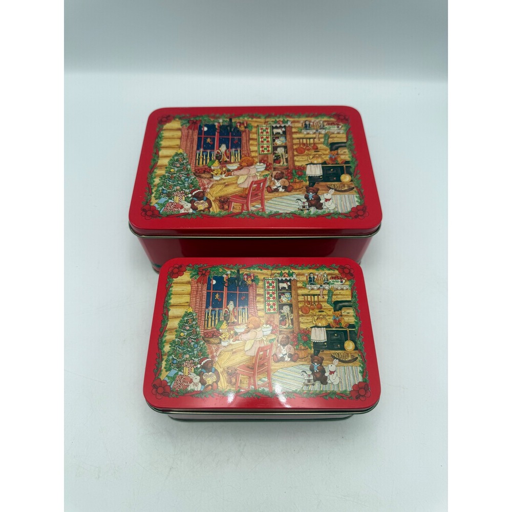 Vintage 1992 Debi Hron Christmas Teddy Bear Nesting Tins Set of 2 Red Holiday